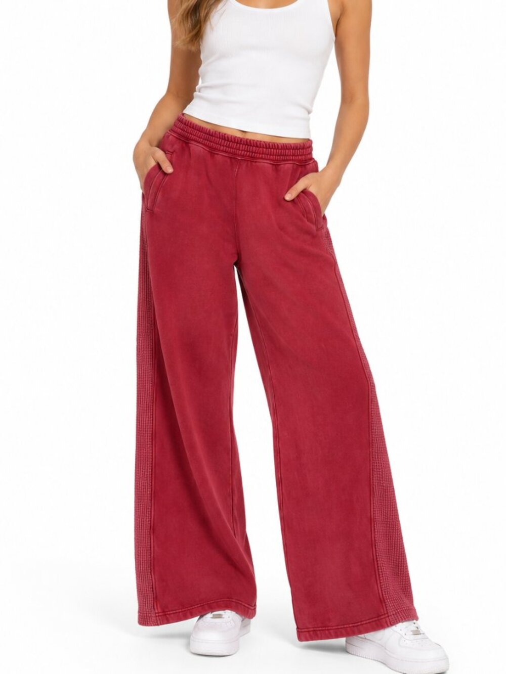 Aerie Red Waffle Knit Side Wide Leg Pants Medium Regular
